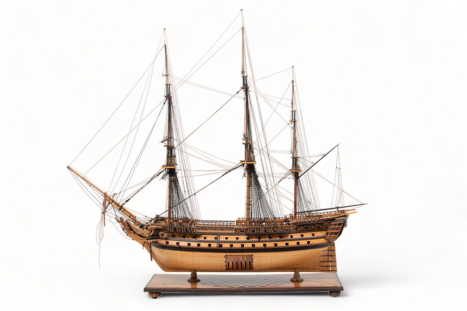 Carved Wood Handcrafted Three Masted Ship Model, Ca. 1900, H 33.5" L 38" Depth 7" (1 of 4)