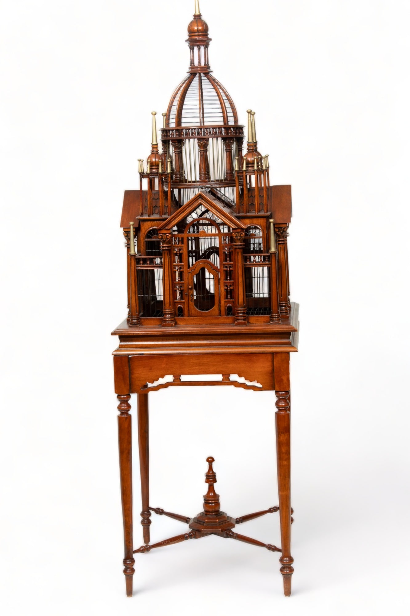 Carved Mahogany Bird Cage on Stand, 20th C., H 68" W 20.5" Depth 20.5" (1 of 4)
