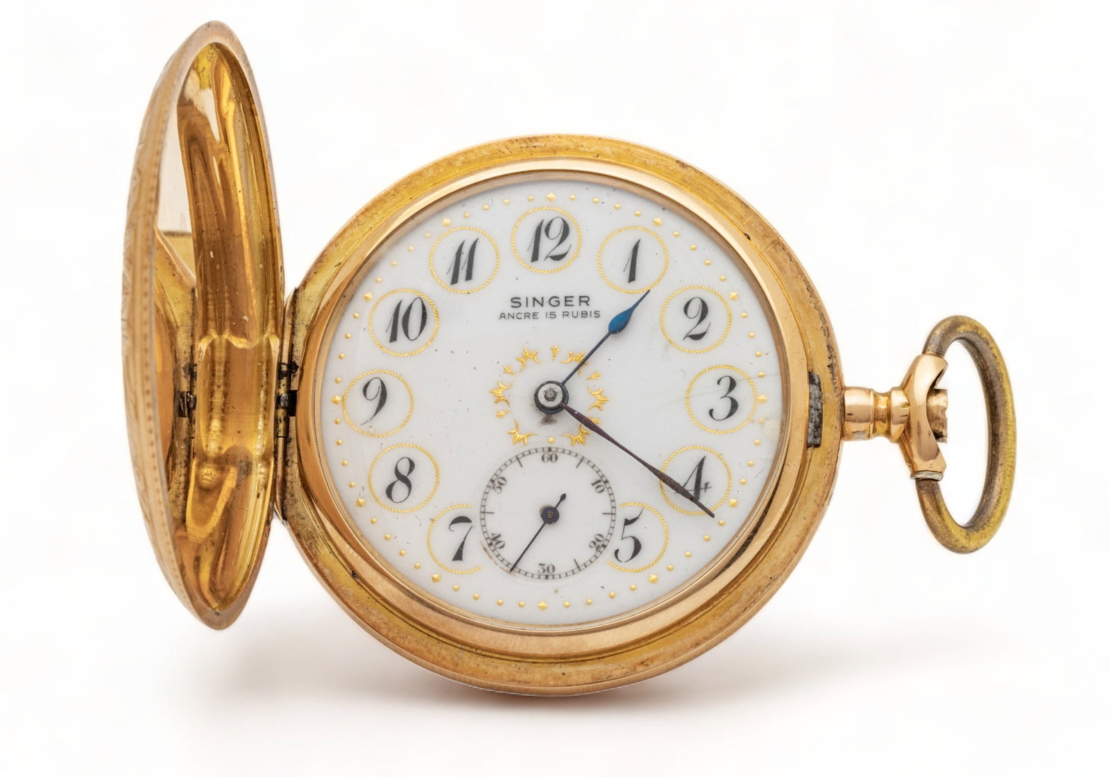 Singer (English) 14k Gold Pocket Watch Ca. 1910, Dia. 2'' 87g: Singer (English) 14k Gold Pocket Watch Ca. 1910, Dia. 2'' 87g | #1-8115 closed hand chased hinged case. No monogram. Stamped C 585. #56. Total weight: 87 grams.