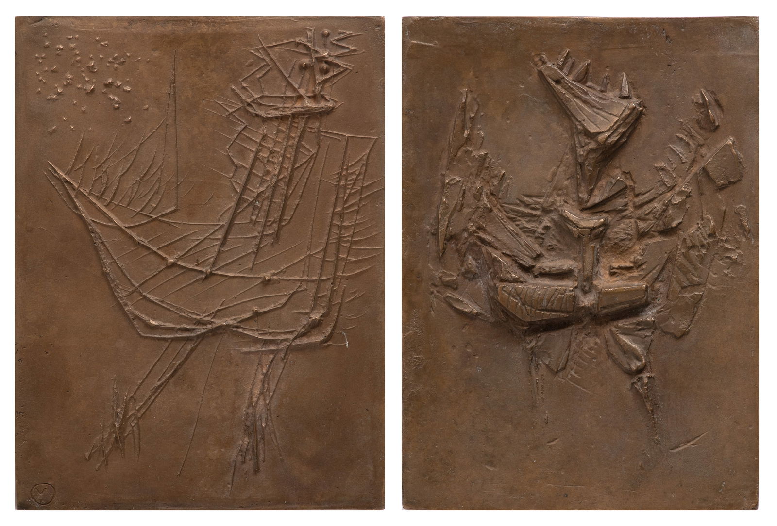 Signed 'M' Abstract Bronze Plaques, Chicken & Rooster, H 9" W 6.75" (1 of 6)