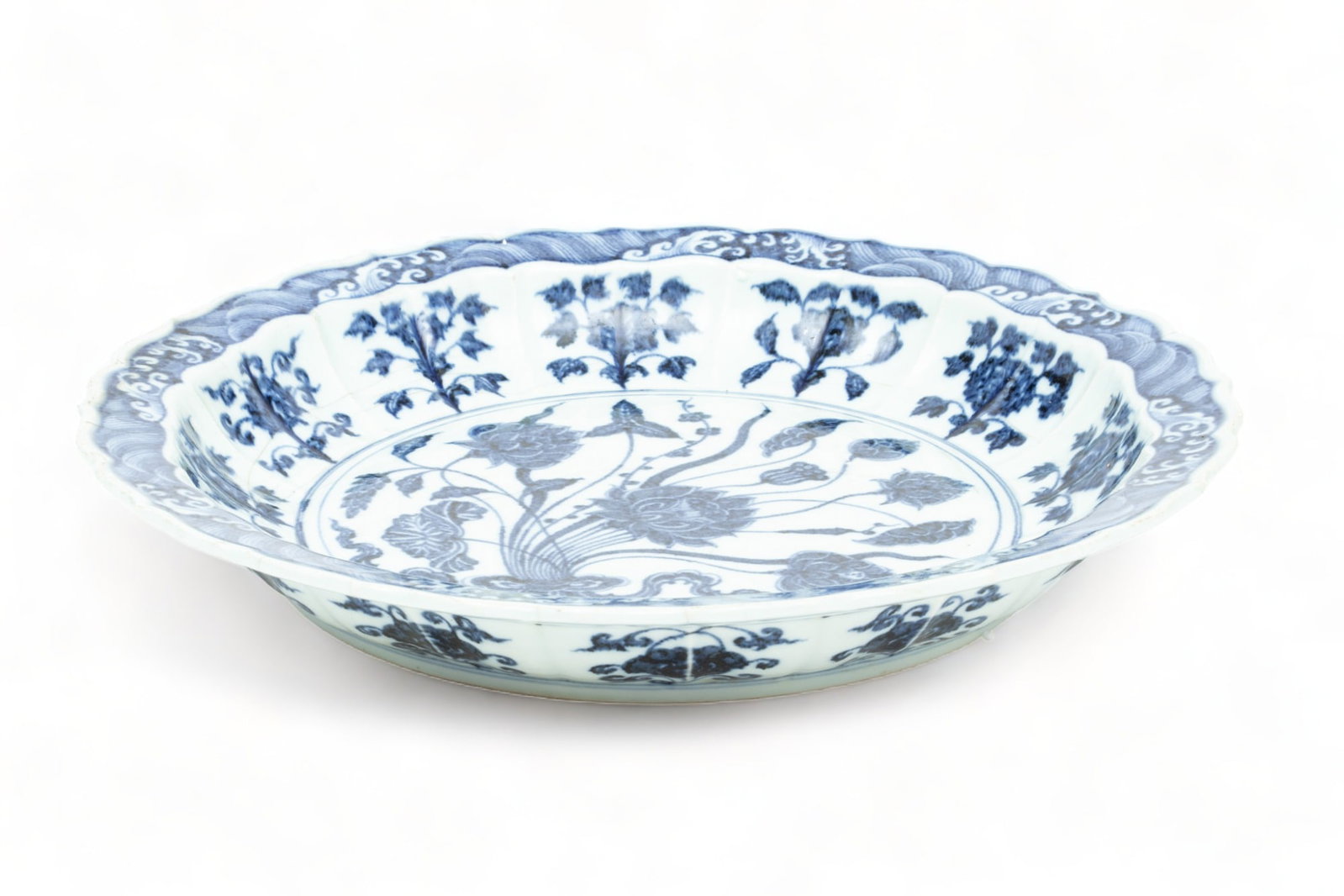 Chinese Ming Dynasty Style Blue And White Porcelain Disc, H 3" Dia. 17": Chinese Ming Dynasty Style Blue And White Porcelain Disc, H 3" Dia. 17" | Lotus flower motif. Unmarked. Xuande (明宣德) style.