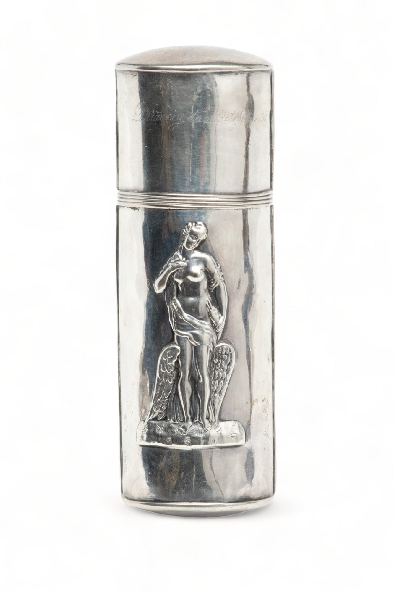 German Silver Cigar Case & Match Box Cover Ca. 1880, H 5.5" W 2" 2.9t oz 1 pc: German Silver Cigar Case & Match Box Cover Ca. 1880, H 5.5" W 2" 2.9t oz 1 pc | Oval cigar case with slip on cover. Nude female with wings in bas relief on front and verso. Very light inscription on c