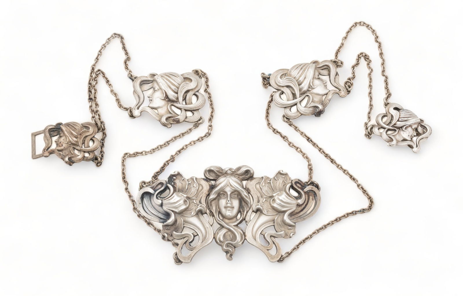 Art Nouveau Style Sterling Silver Belt, Lady's Face And Profiles, Ca. 1920, L 26" 2.6t oz (1 of 6)
