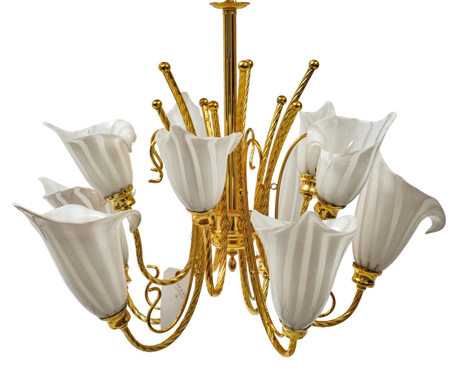 Murano 10 Light Blown Glass Calla Lilies Chandelier Ca. 1970, H 20" Dia. 28": Murano 10 Light Blown Glass Calla Lilies Chandelier Ca. 1970, H 20" Dia. 28" | Hand blown glass lily shades set in ten twisted arms. (Franco Luce)