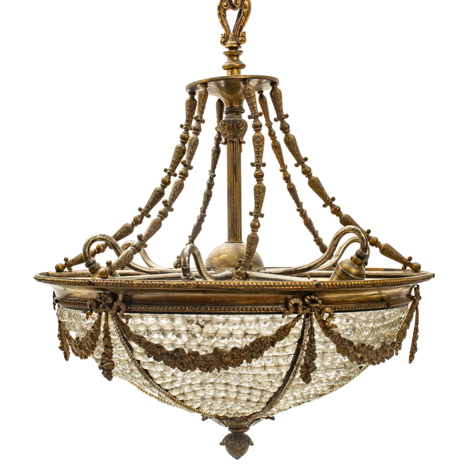 French Empire Style Bronze & Crystal Basket Chandelier, Ca. 1930, H 26" Dia. 20" (1 of 4)