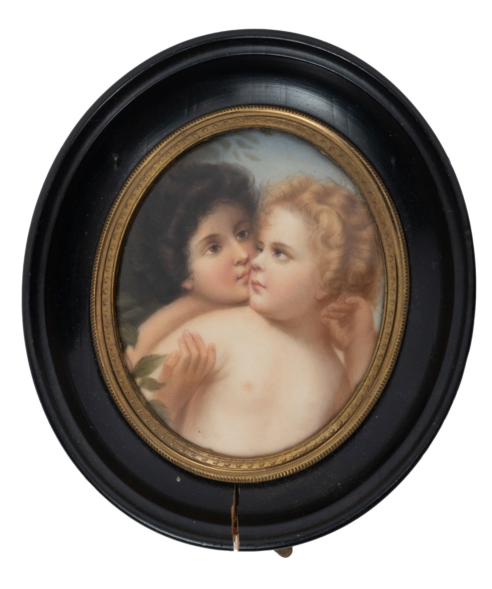 German Painting on Porcelain,Two Children C. 19th.c., H 3.2" W 2.5" (1 of 2)