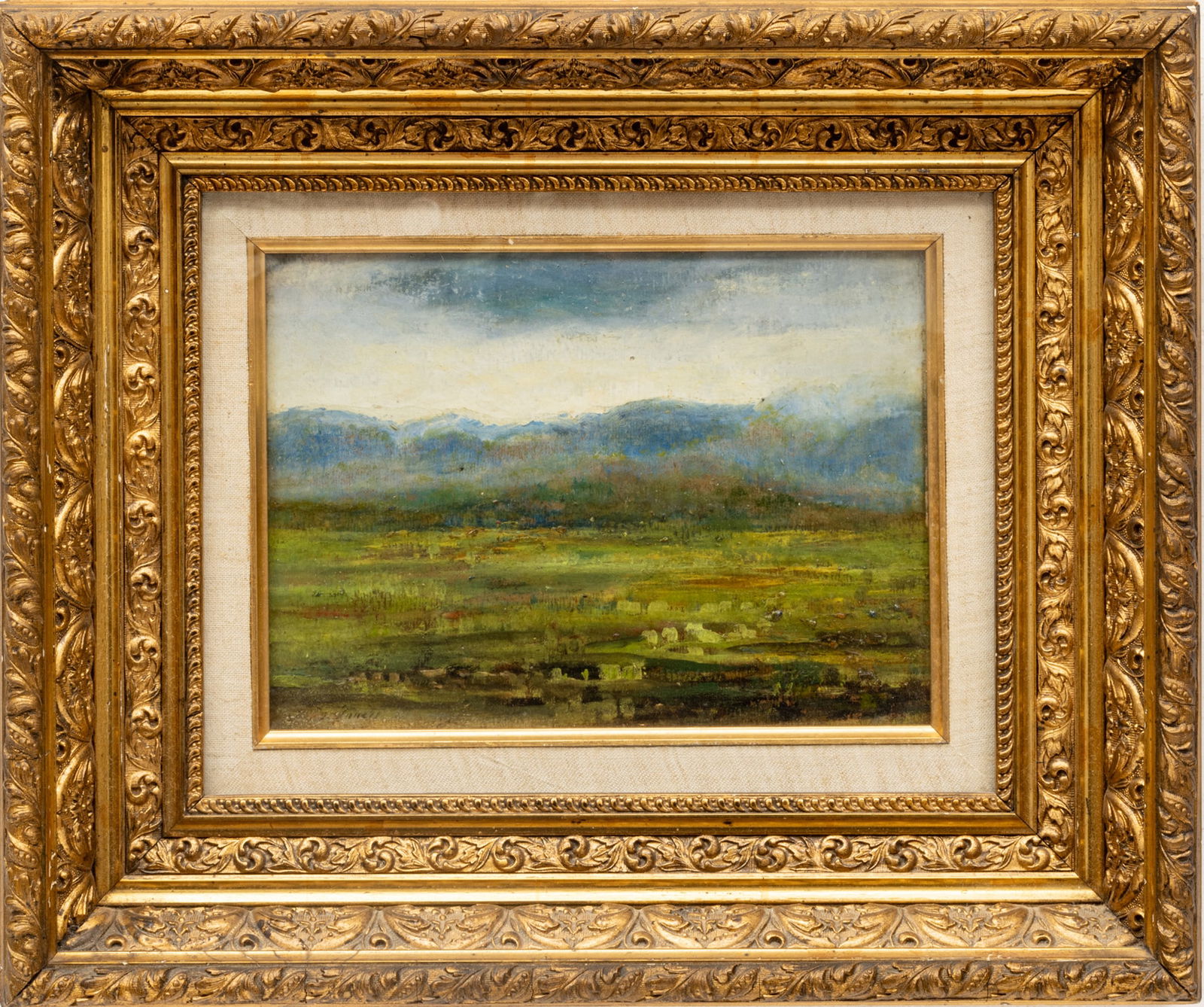 in the Manner of George Inness (American, 1825-1924) Oil on Artist Board, Ca. 1880 - 1900, "Landscap: in the Manner of George Inness (American, 1825-1924) Oil on Artist Board, Ca. 1880 - 1900, "Landscape", H 8" W 11" | Signed lower left "G. Inness" and worn black ink "Inness" and 1885 on verso. Expans