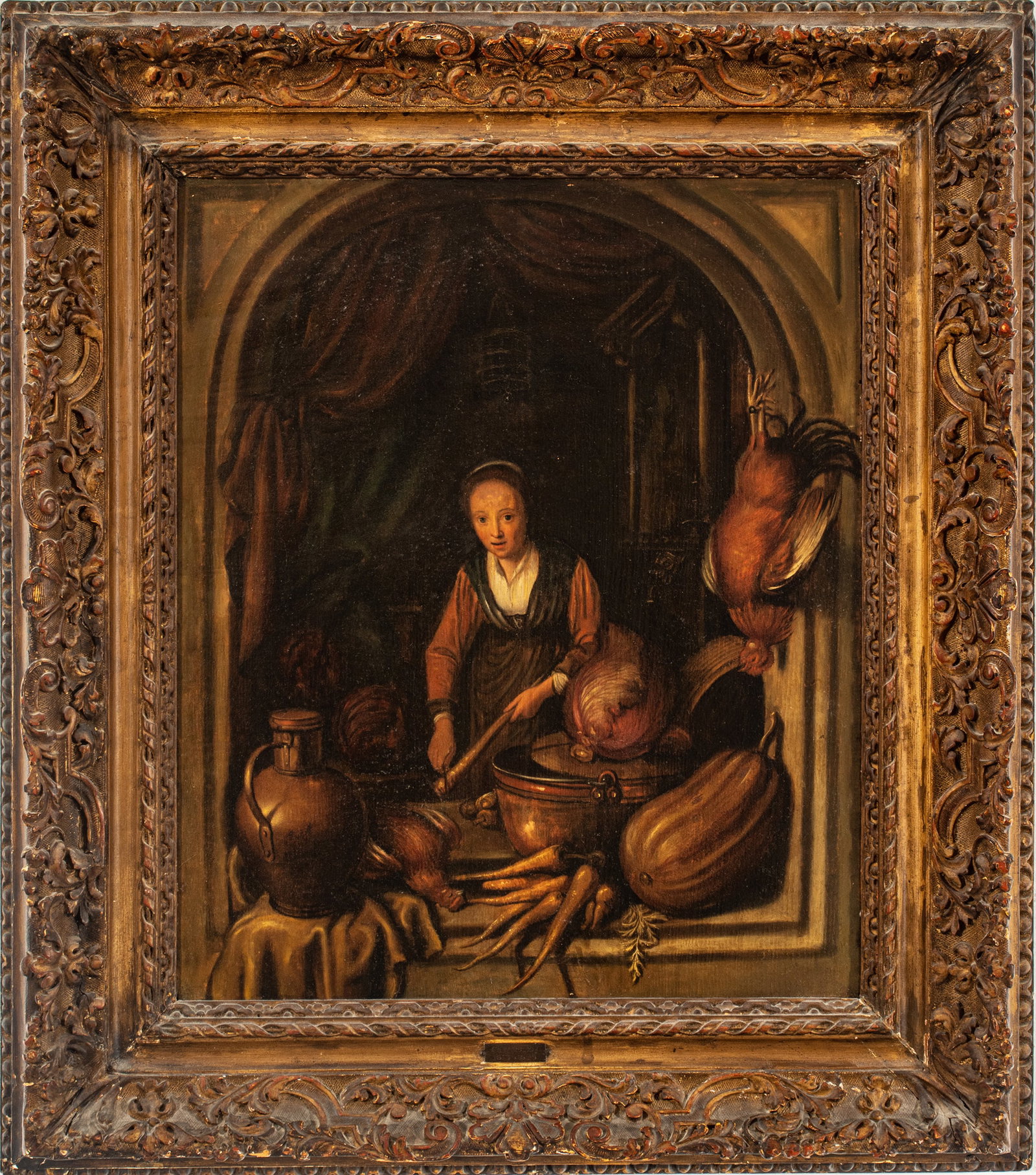 After Gerard Dou (Dutch) Oil on Beveled Mahogany Panel Late 18th/ Early 19th C., "Cook Peeling Turni: After Gerard Dou (Dutch) Oil on Beveled Mahogany Panel Late 18th/ Early 19th C., "Cook Peeling Turnips", H 21" W 18" | an early rendition of Dou's "The Cook" (Staatlichen Museum) peeling turnips while