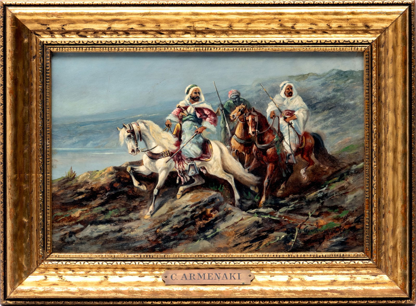 C. Armanaki. Oil on Mahogany Panel, Ca. 19th.c., "Arab Horsemen", H 8.25" W 12.25" (1 of 5)