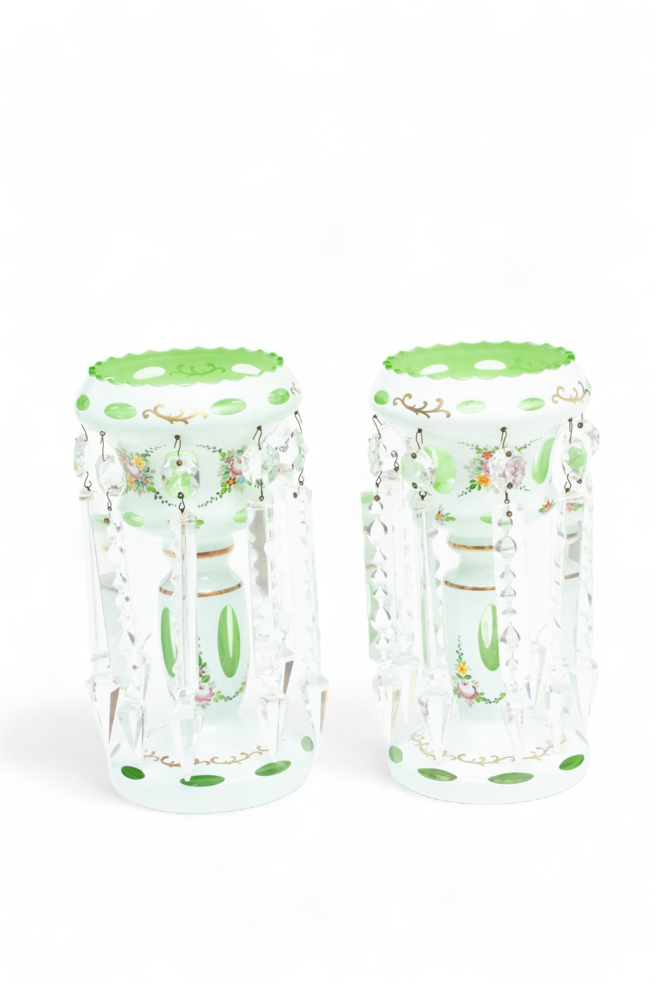 Pair of Bohemian Cut to Clear Glass Mantel Lusters, Ca. 1920, H 9.25" Dia. 5" (1 of 3)