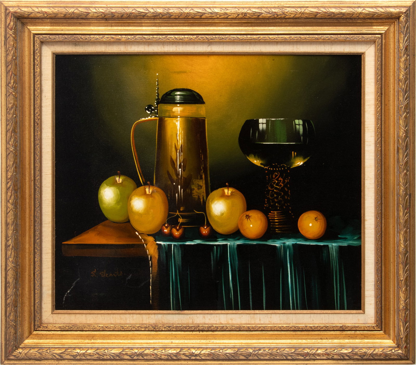 S. Eleante, Old Master Style Oil on Canvas, Ca. Late 20th C., "Still Life", H 19.5" W 23.5": S. Eleante, Old Master Style Oil on Canvas, Ca. Late 20th C., "Still Life", H 19.5" W 23.5" | Signed lower left. Depicting a still life of fruit and wine. Framed H 27.5, W 31.75". Provenance: Property