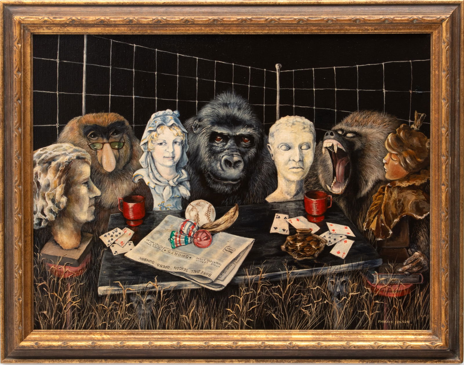 Phyllis Olson, (American, 1929-2012) Acrylic on Canvas, 1976, "Philistine Pretensions", H 17.5" W 23 (1 of 4)