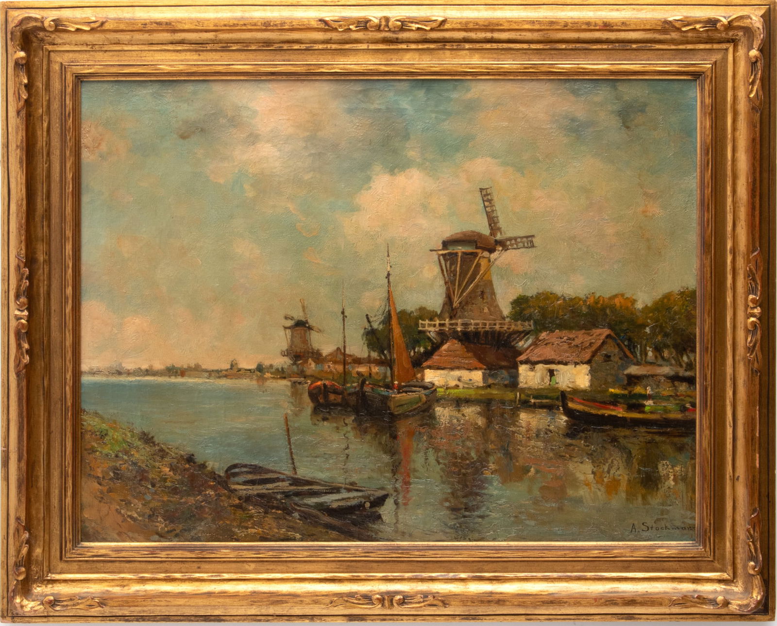 Anton Stockmann (Swiss, 1868-1940) Oil on Canvas, Ca. 1900-1915, "Dutch Canal Scene", H 17.5" W 23.5 (1 of 4)