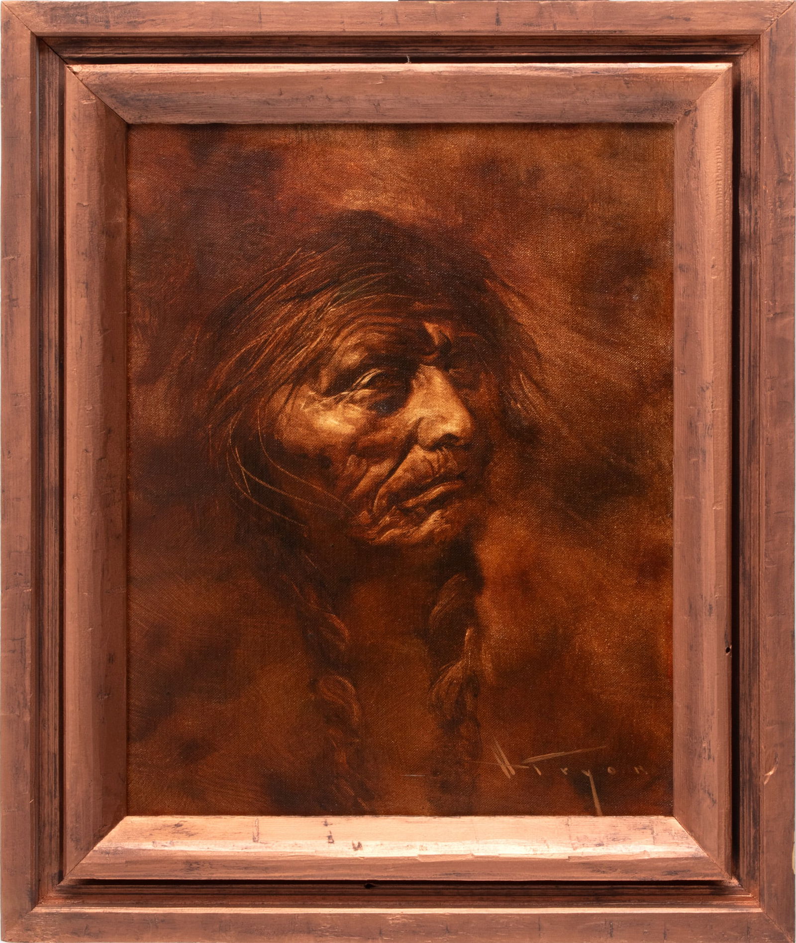 H. Tryon, Oil on Canvas Board, "Native American Portrait", H 19.5" W 15.5" (1 of 4)