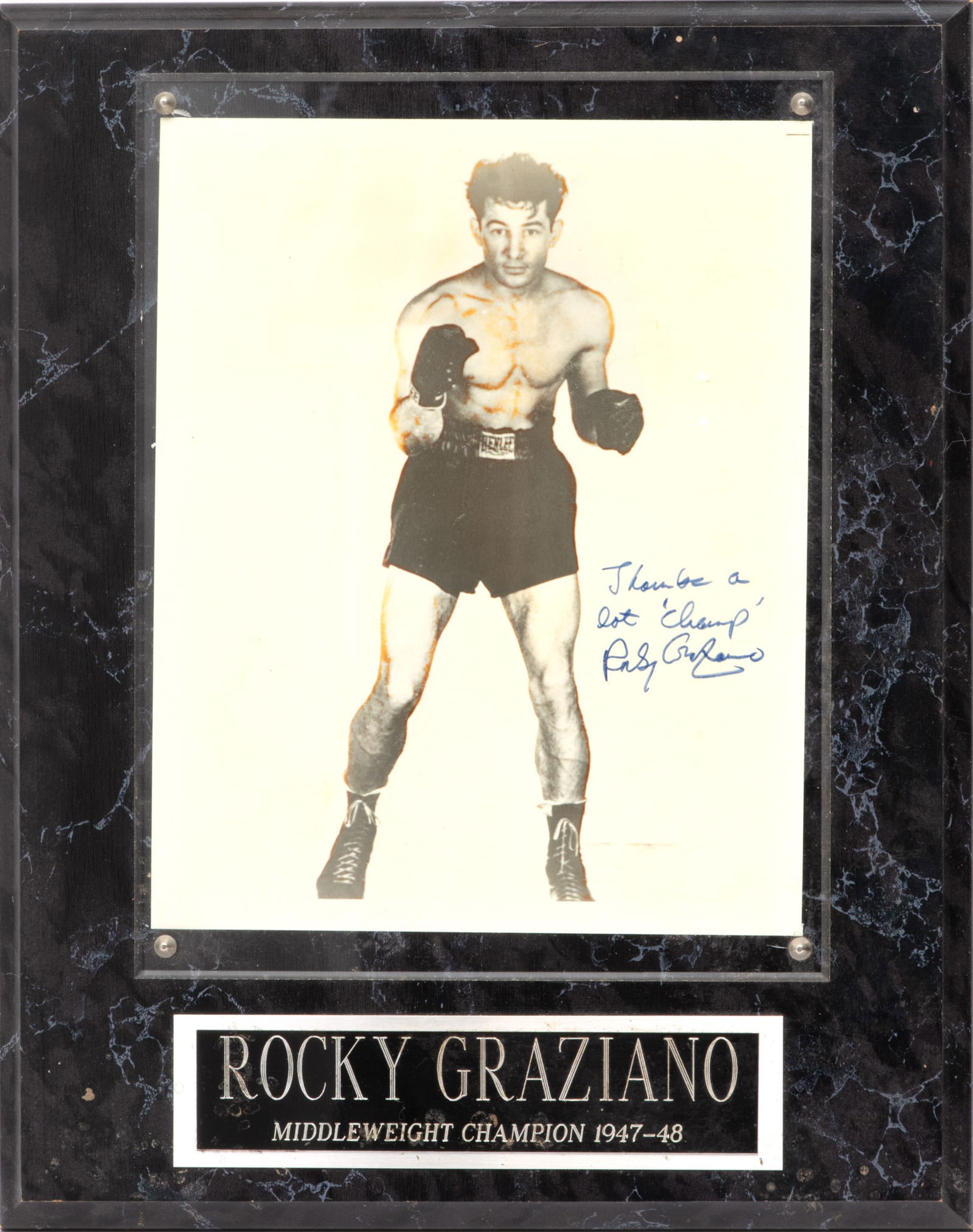 Autographed Plaque, "Rocky Graziano Middleweight Champion 1947-48", H 15" W 12" (1 of 3)