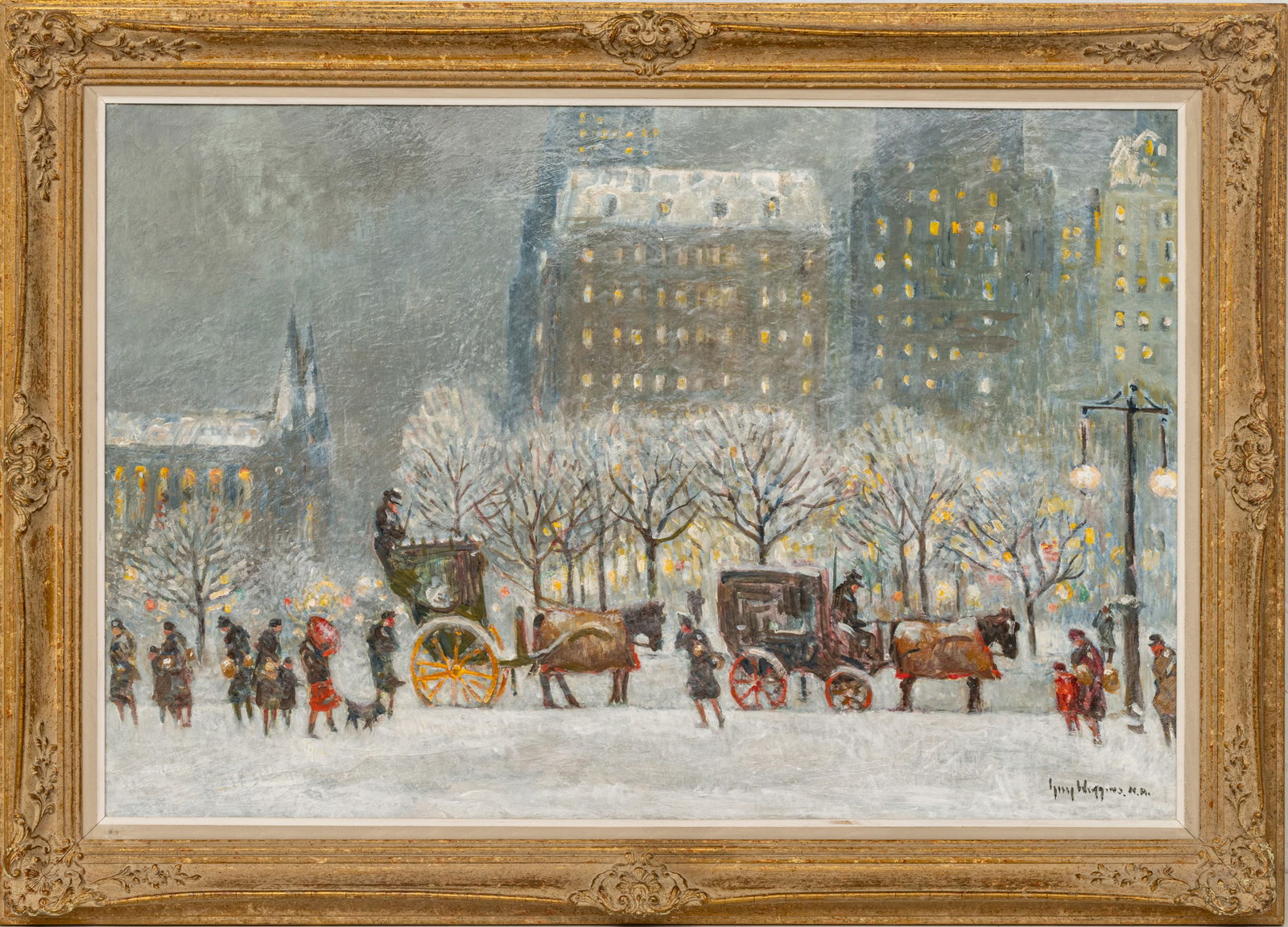 Guy Carleton Wiggins (American, 1883-1962) Oil on Canvas, 1959, "Platinum And Pale Gold", H 24" W 36: Guy Carleton Wiggins (American, 1883-1962) Oil on Canvas, 1959, "Platinum And Pale Gold", H 24" W 36" | Signed Guy Wiggins NA in the lower right. Signed on canvas verso as well. Evening Central Park w
