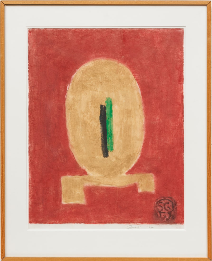 Sam Glankoff (American, 1894-1982) Monoprint on Handmade Rice Paper, 1982, "Untitled", H 25.5" W 20.: Sam Glankoff (American, 1894-1982) Monoprint on Handmade Rice Paper, 1982, "Untitled", H 25.5" W 20.5" | Signed and dated lower right, from the printer's proof edition of 35, the full sheet. Frame mea