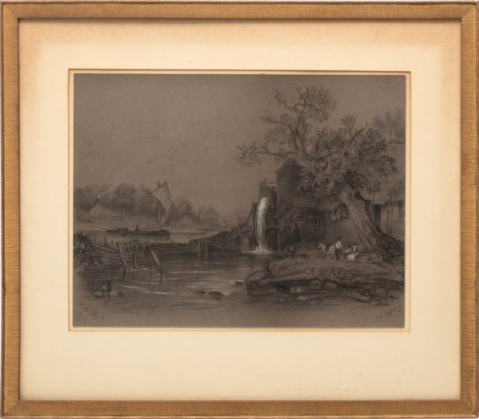 Louis Comfort Tiffany (American, 1848-1933) Charcoal & Pastel on Paper, 1863, "Grist Mill Scene", H : Louis Comfort Tiffany (American, 1848-1933) Charcoal & Pastel on Paper, 1863, "Grist Mill Scene", H 11" W 14.5" | Depicting a 19th century grist mill with a sailor and lighthouse in the distance. Sign