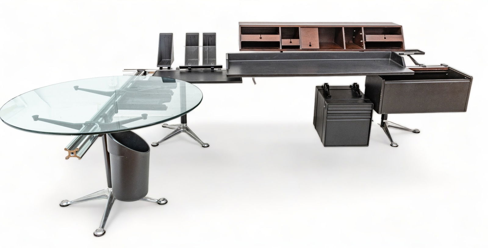 Bruce Burdick for Herman Miller (American) Desk System H 40.25" W 141" Depth 76": Bruce Burdick for Herman Miller (American) Desk System H 40.25" W 141" Depth 76" | L-shaped frame. Having a roll-top filing cabinet on the right next to a 59.5" X 18.5" writing desk with letter holder