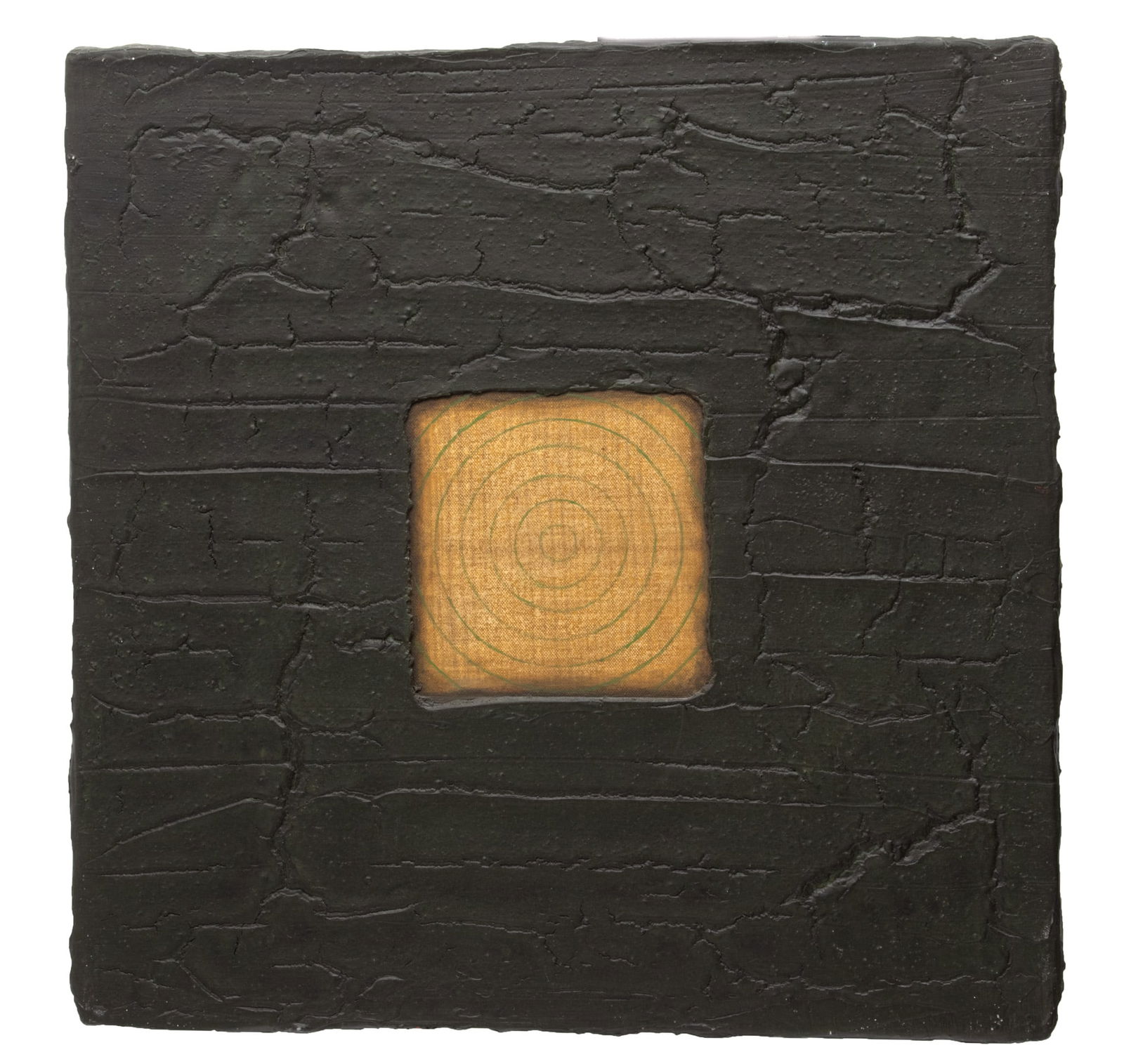 David Shapiro (American, 1944-2014) Acrylic on Canvas, "Mudra 31", H 22" W 22": David Shapiro (American, 1944-2014) Acrylic on Canvas, "Mudra 31", H 22" W 22" | This acrylic on canvas piece exhibits a compelling contrast between a dark, cracked texture and a luminous golden spira