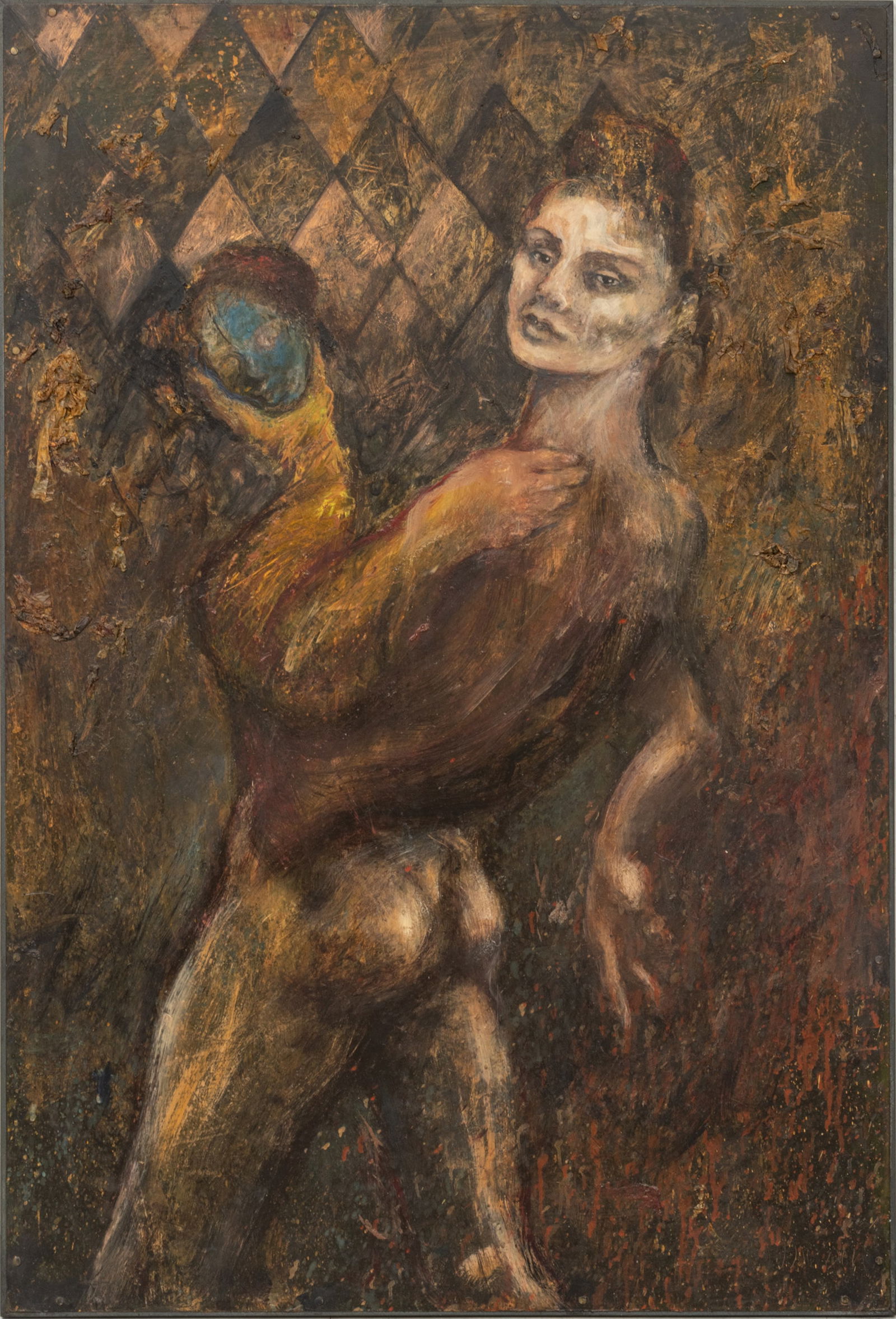 Kathleen Morris (American, B. 1946) Oil on Copper "the Lovers", H 49" W 33": Kathleen Morris (American, B. 1946) Oil on Copper "the Lovers", H 49" W 33" | with Lowe the Gallery Atlanta, GA affixed verso. Provenance: From the Collection of Bethany Belanger, Port Huron, MI.