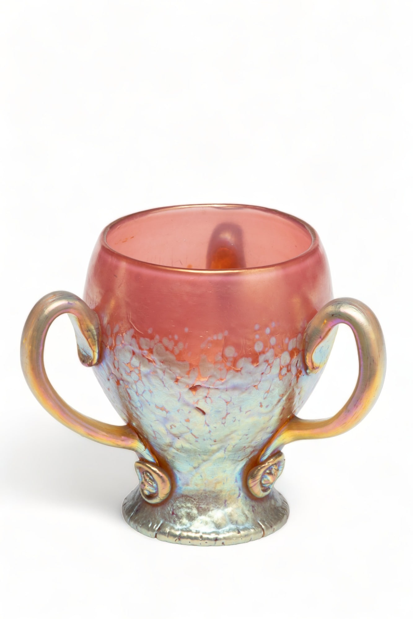 Loetz Art Glass Three-handled Vase, H 5" Dia. 6": Loetz Art Glass Three-handled Vase, H 5" Dia. 6" | Rose glass ground with iridescent gold base and applied handles. Signed on underside "Loetz Austria". Provenance: The Bethany Belanger collection, Po
