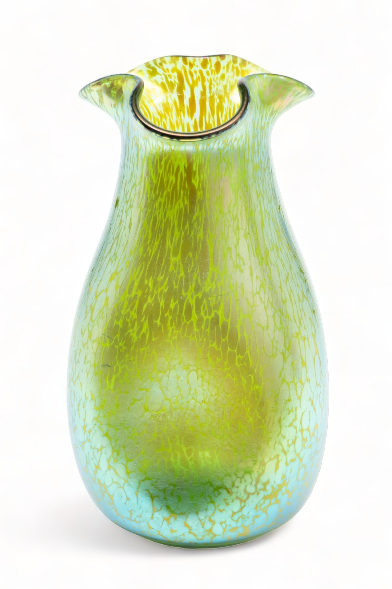 Loetz (Bohemia) Art Nouveau Style Art Glass Vase, H 9.5" Dia. 6.5": Loetz (Bohemia) Art Nouveau Style Art Glass Vase, H 9.5" Dia. 6.5" | the vase offers a ruffled lip with dimpled sides. Boasting an iridescent finish with green, gold, and lavender tones. Unsigned. Pro