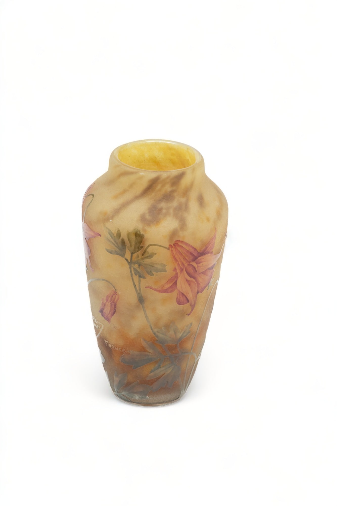 Daum, Nancy (French, B. 1878) Cameo Glass Vase, H 5" Dia. 2.75": Daum, Nancy (French, B. 1878) Cameo Glass Vase, H 5" Dia. 2.75" | Cut back motif of red flowers blooming from intricately cut green stems and leaves. Mottled ochre ground. Provenance: The Bethany Bela