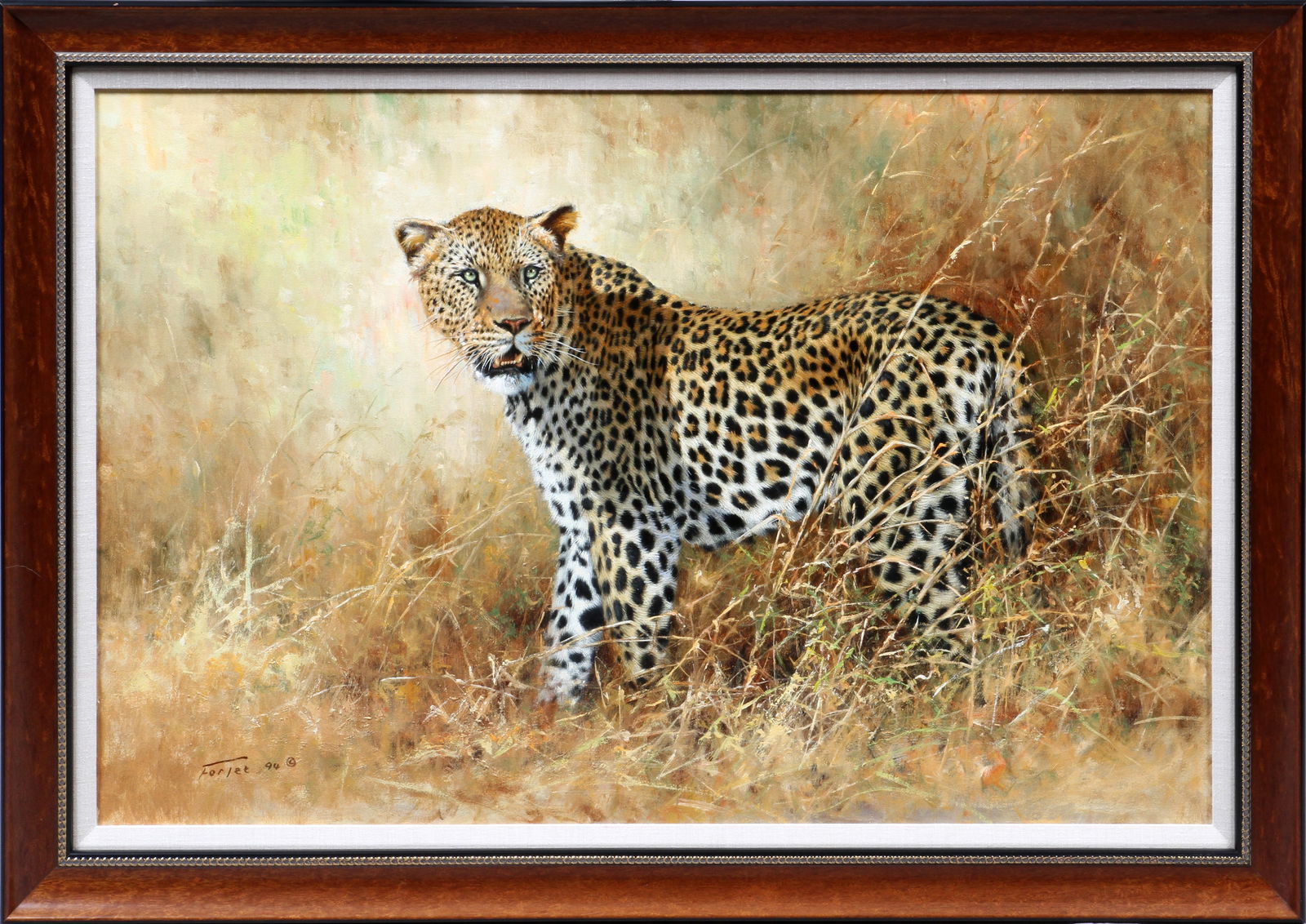 Eric Forlee (Asian/American, B. 1949) Oil on Canvas 1994, "Leopard", H 24" W 36": Eric Forlee (Asian/American, B. 1949) Oil on Canvas 1994, "Leopard", H 24" W 36" | Signed and dated lower left; original frame. Orchard Lake Framing Gallery, Keego Harbor, MI label.