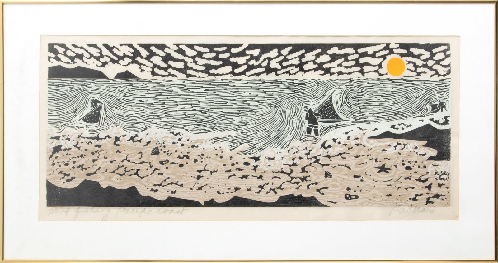 Emmy Lou Packard (American, 1914-1998) Woodblock Print in Colors on Paper, "Surf Fishing - Pacific C: Emmy Lou Packard (American, 1914-1998) Woodblock Print in Colors on Paper, "Surf Fishing - Pacific Coast", H 12.5" W 31" | Depicting three fishermen casting nets into Pacific coast waves. Pencil signe