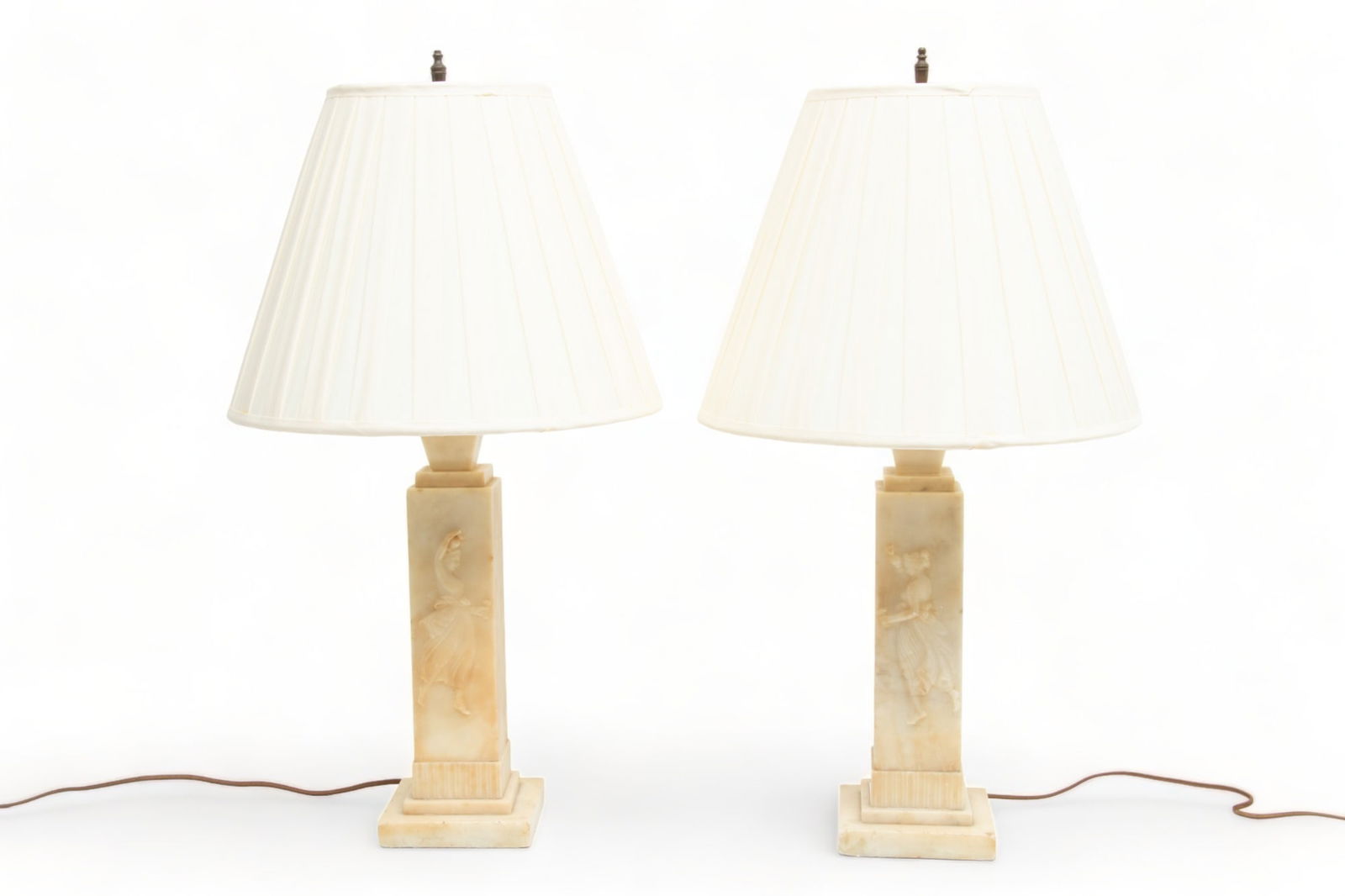 Pair of Carved Alabaster Lamps, "Allegorical Female Figure", H 17": Pair of Carved Alabaster Lamps, "Allegorical Female Figure", H 17" | Overall H 26". Provenance: From the Collection of Bethany Belanger, Port Huron, MI.