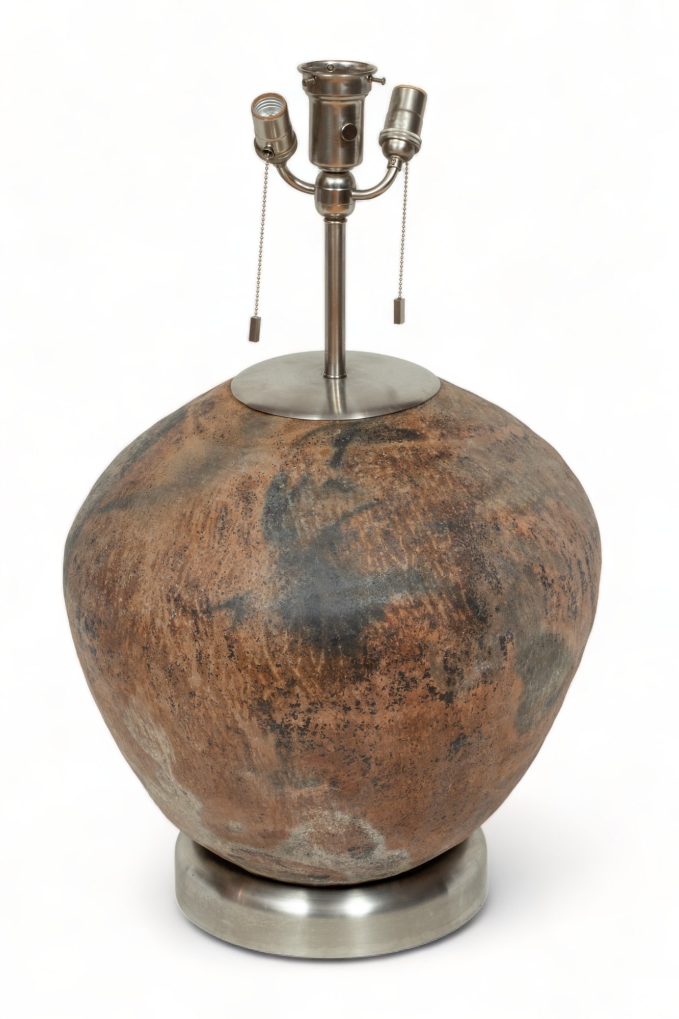 Earthenware Vessel, Mounted As Lamp, H 31" Dia. 20": Earthenware Vessel, Mounted As Lamp, H 31" Dia. 20" | the lamp offers a dual light sockets on a charred earthenware vessel base. Bearing a Hindman paper label affixed to the shoulder. Electrified. Pro
