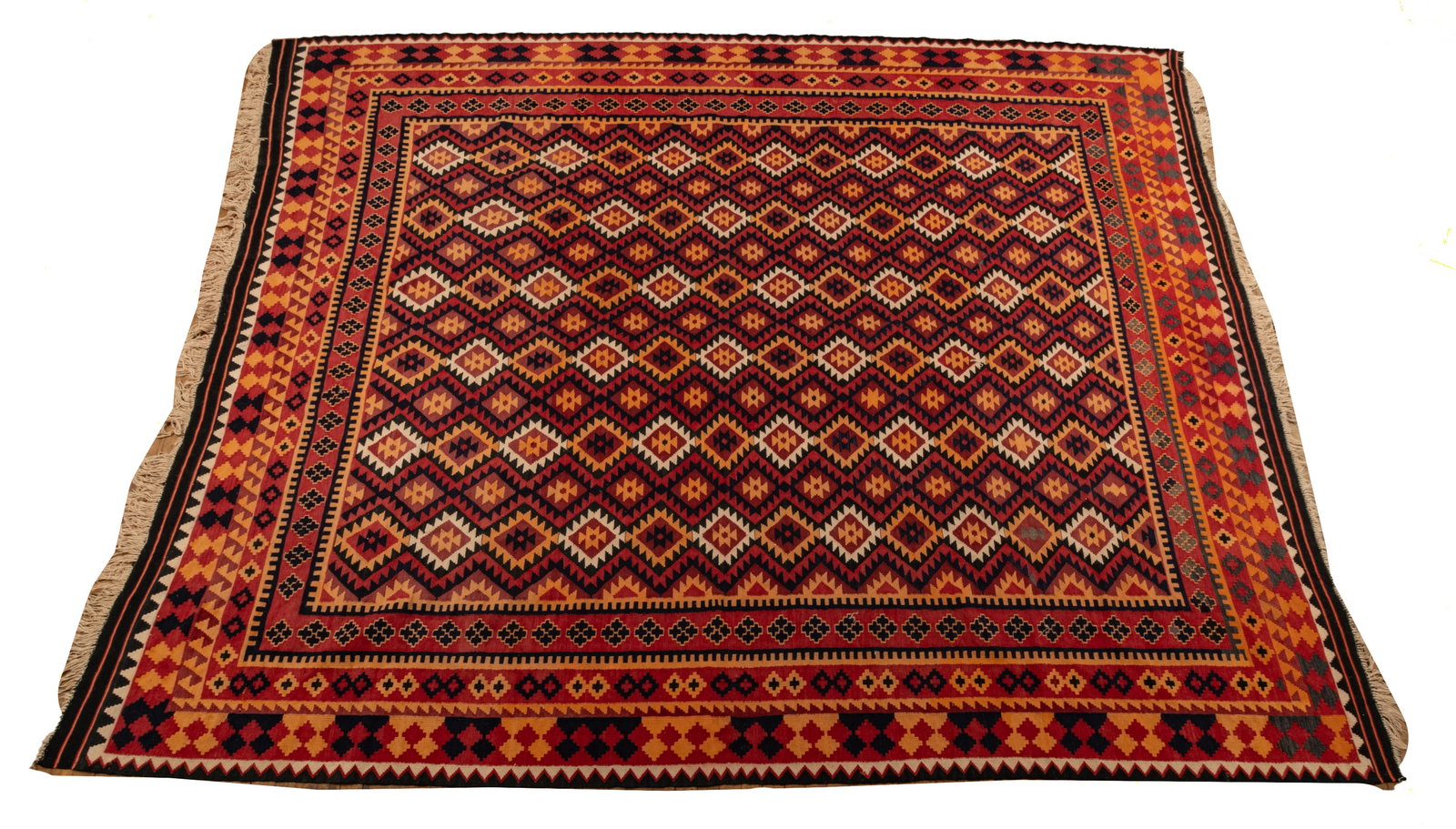Kilim Handwoven Wool Rug, W 9' 8'' L 12' 3'': Kilim Handwoven Wool Rug, W 9' 8'' L 12' 3'' | Flatwoven wool with repetitious diamond patterning in red, ivory, black and beige.