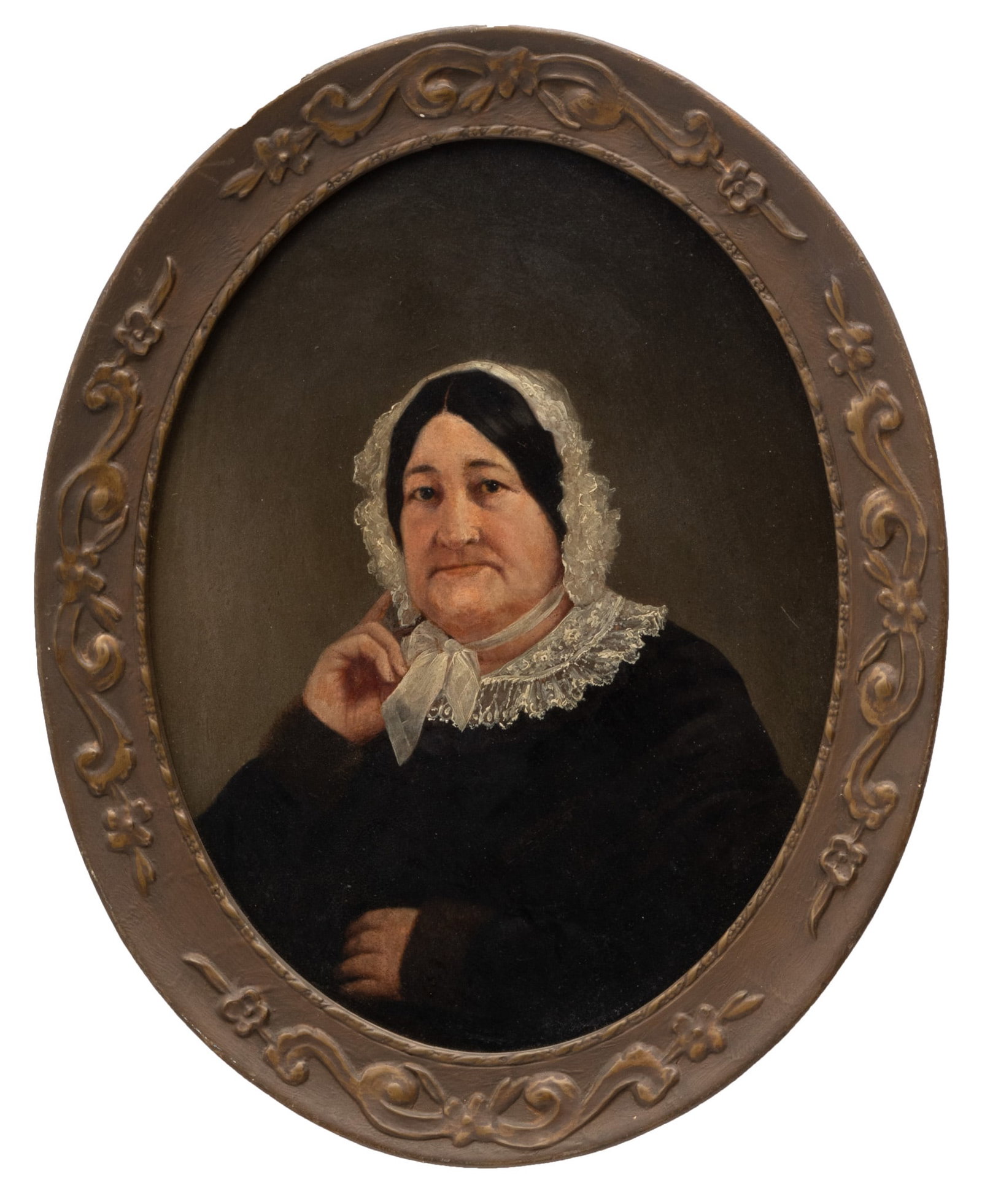 Attributed to John Harrison Witt (American, 1840-1901) Oil on Board, "Portrait of a Woman", H 14" W : Attributed to John Harrison Witt (American, 1840-1901) Oil on Board, "Portrait of a Woman", H 14" W 10" | with paper label artist bio affixed verso. Framed H 17", W 13.5". Provenance: Property from a 