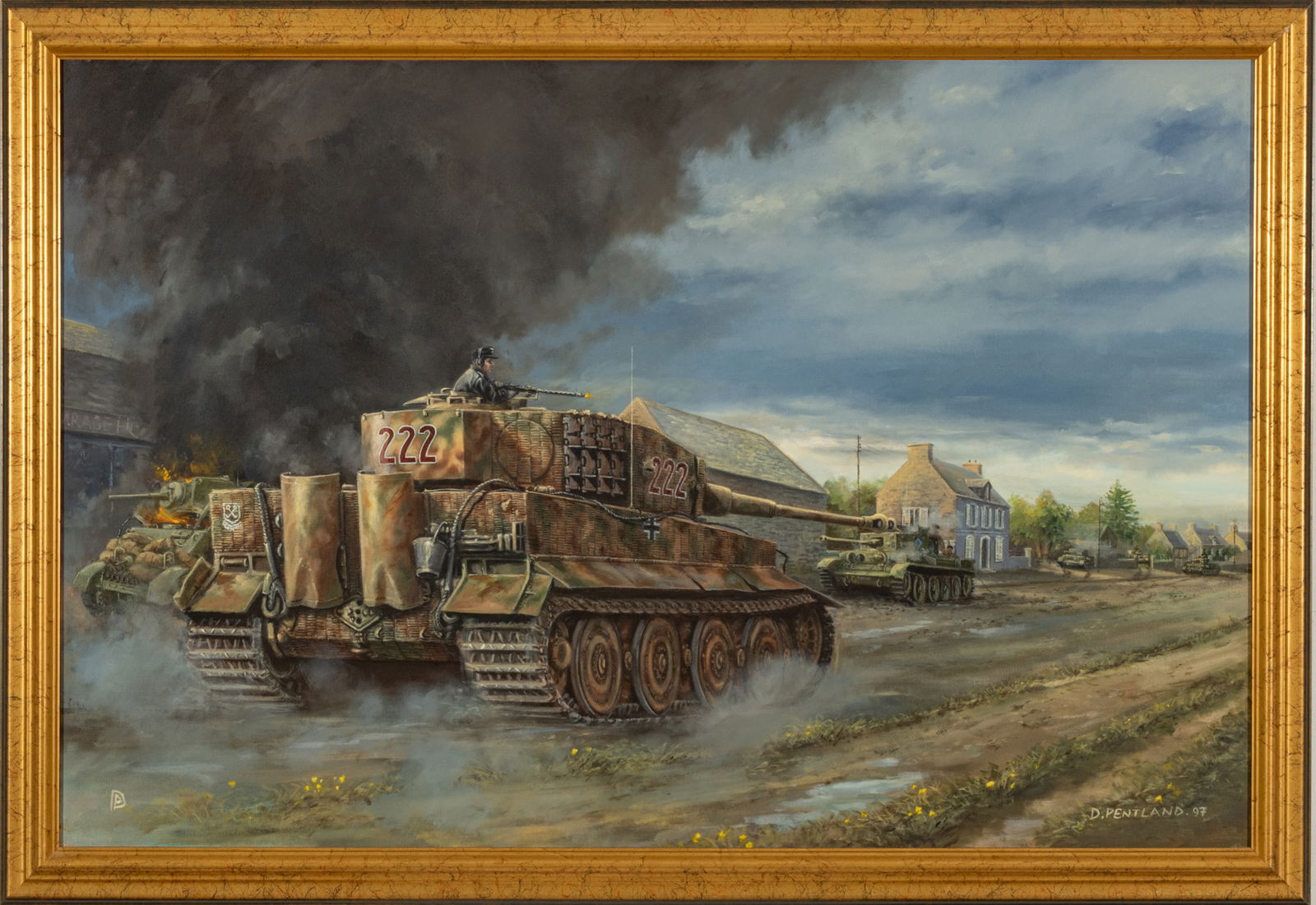 David Pentland (English B. 1959) Oil on Canvas, 1997, "Counter Attack at Villers-Bocage", H 30" W 45: David Pentland (English B. 1959) Oil on Canvas, 1997, "Counter Attack at Villers-Bocage", H 30" W 45" | Monogrammed lower left, signed and dated lower right. According to the artist: "A handful of Tig
