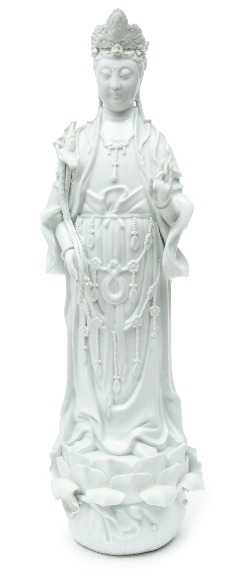 Chinese Porcelain Standing Quan Yin, White Glaze Ca. 1950, H 22": Chinese Porcelain Standing Quan Yin, White Glaze Ca. 1950, H 22" | Wearing crown. Provenance: From the Estate of Prominent Collector, Leon Zielinski, Macomb County, MI