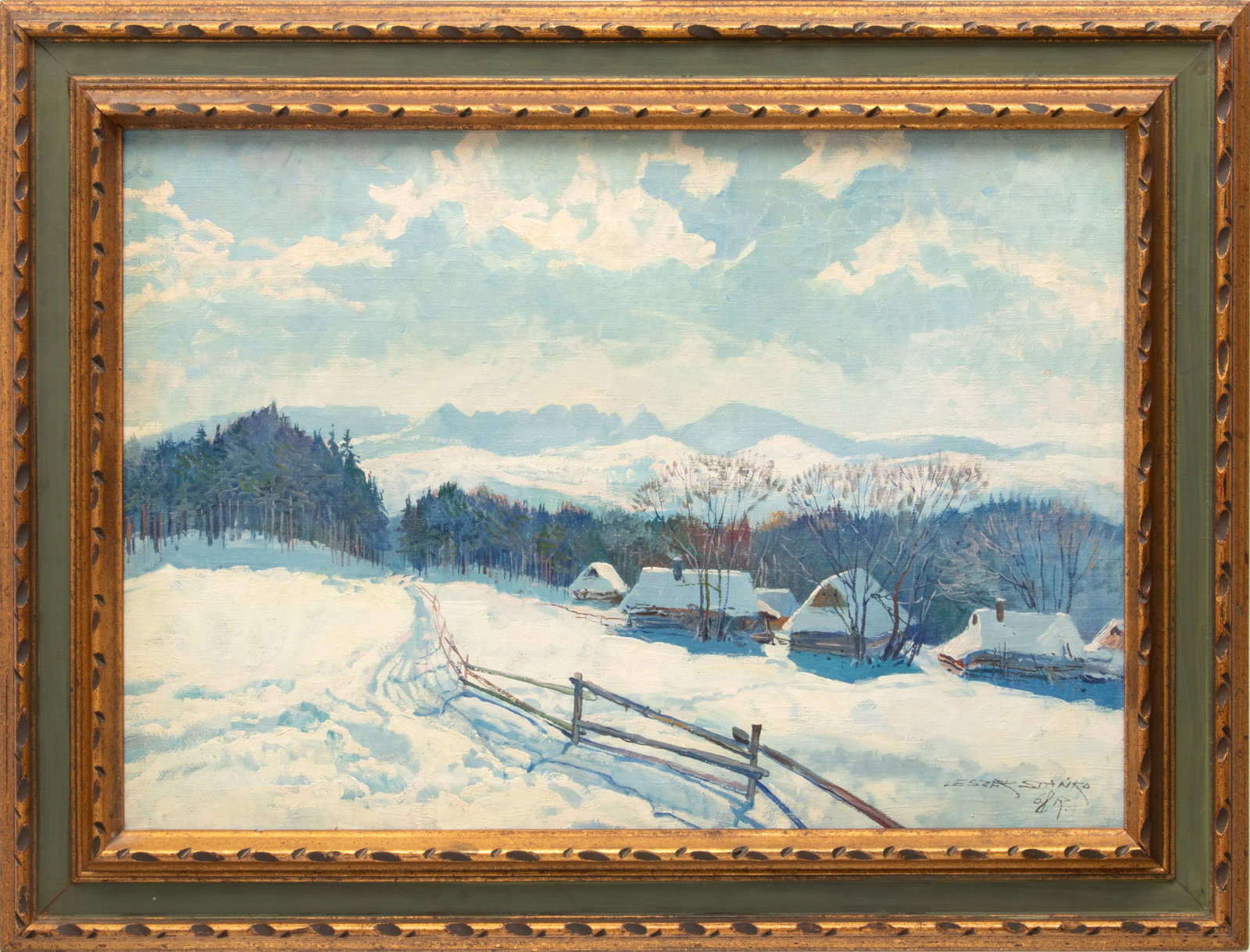 Leszek Stanko (Polish, 1925-2011) Oil on Canvas, Winter Cabin Scene, H 19" W 27": Leszek Stanko (Polish, 1925-2011) Oil on Canvas, Winter Cabin Scene, H 19" W 27" | Signed lower right. Inscribed in pencil on frame verso "Gift from Duane Wozniak April 25, 1970". Framed H 25.5", W 33