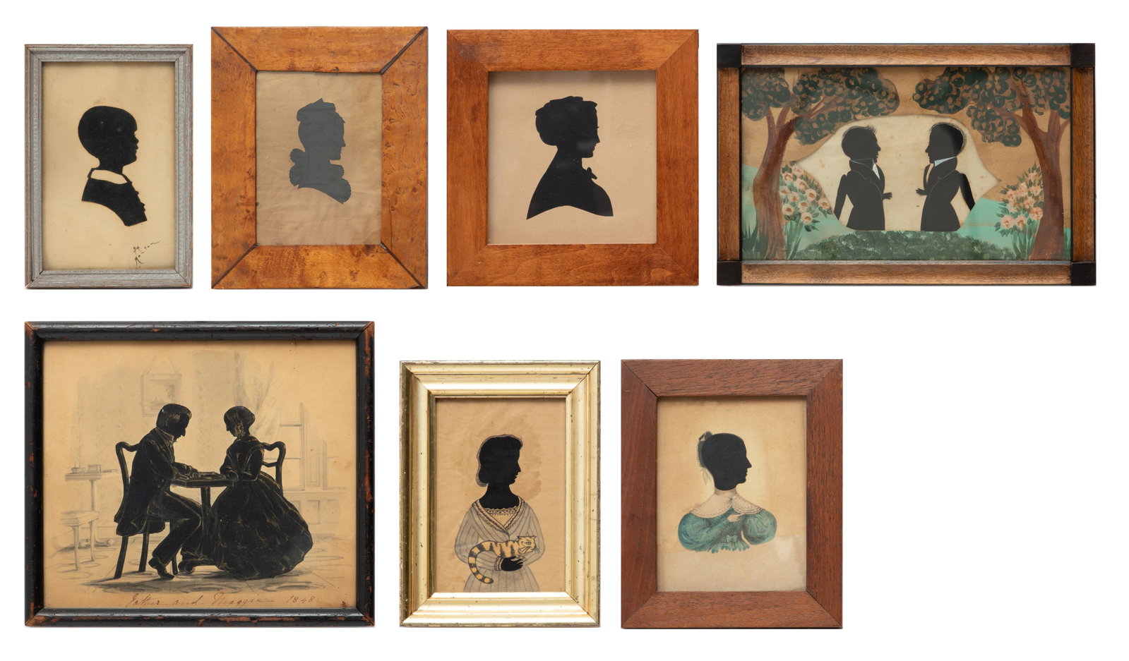 American Primitive Silhouettes, Ca. 1830, H 12.25" W 9.5" 8 pcs: American Primitive Silhouettes, Ca. 1830, H 12.25" W 9.5" 8 pcs | a collection of eight framed American primitive silhouettes. the largest framed silhouette measures H 12.25" X W 9.5". the smallest fr