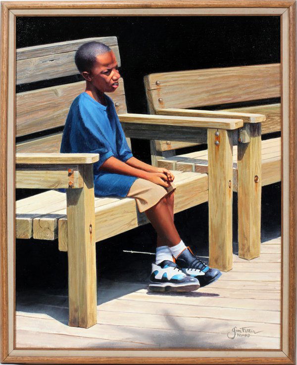 JAMES FETTER ACRYLIC ON CANVAS, 30" X 24",: JAMES FETTER (AMERICAN, 20TH CENTURY), ACRYLIC ON CANVAS, 30" X 24", 'WAITING':Depicts a young African American boy sitting on a bench. Signed lower right. James Fetter: Michigan area artist, 20th cen