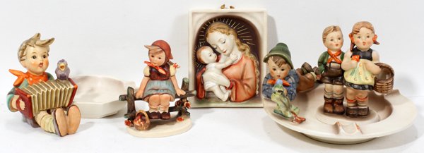 HUMMEL BISQUE FIGURES, ASHTRAYS, & WALL PLAQUE,: HUMMEL BISQUE FIGURES, ASHTRAYS, & WALL PLAQUE, FIVE PIECES:Includes: Hummel ashtray, #166 boy with bird, 6" Dia.; "Let's Sing" ash tray, #116, 6" W; "Just Resting", #112, 4" H; "To Market", #49/3/0,
