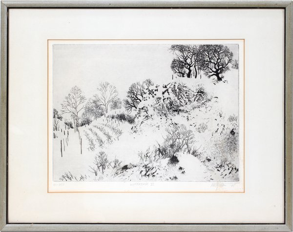 PETER MILTON ETCHING, 41/250, 1965, 8 3/4": PETER MILTON (AMERICAN, 1930), ETCHING, 41/250, 1965, 8 3/4" X 11 3/4" (PLATE), 'WINTERSCAPE VI':Numbered, titled, signed and dated in pencil along the lower margin. Matted, under glass and framed.