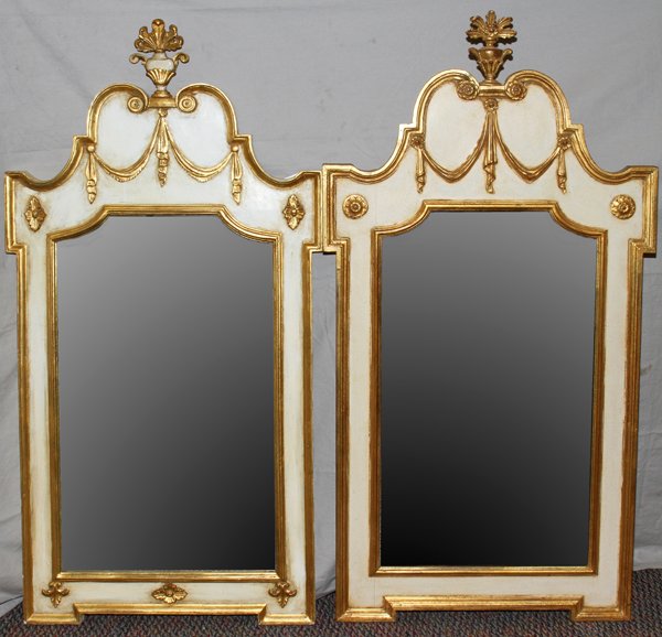 ITALIAN & LA BARGE GILT & PAINTED WOOD MIRRORS,: ITALIAN & LA BARGE GILT & PAINTED WOOD MIRRORS, TWO, H 57", W 29":Almost identical, but with slight variations in decoration. Having gilt vase style crests, with gilt wood trim to edges and bunting. I
