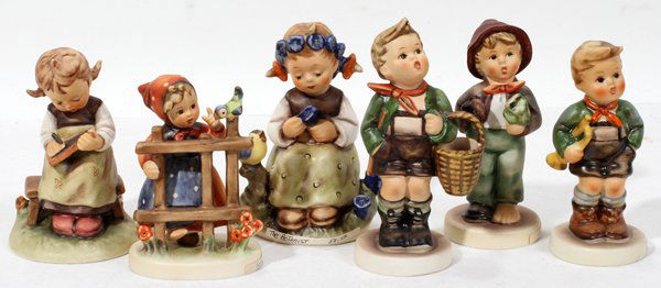 HUMMEL BISQUE FIGURES, SIX, H 4" - 5": HUMMEL BISQUE FIGURES, SIX, H 4" - 5":Includes: "Signs Of Spring", HN203 2/0, TMK 5, 4" H., "Village Boy", HN31 2/0, TMK 5, 5" H., "Busy Student" HN367, TMK 5, 4 1/4" H., "Lost Stocking", HN374, TMK 5