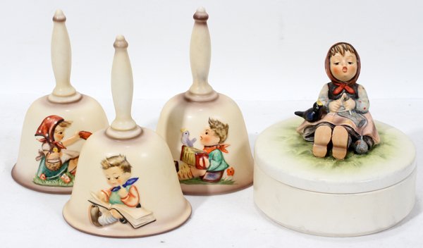 HUMMEL BISQUE BELLS & 'HAPPY PASTIME' BOX,: HUMMEL BISQUE BELLS & 'HAPPY PASTIME' BOX, FOUR:Bells include: 1st Edition, 700, 1978; 2nd Edition, 701, 1979 and 3rd Edition, 702, 1980; all are last Bee Mark and 6" H. "Happy Pastime" covered box, 1