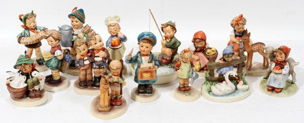 HUMMEL BISQUE FIGURES, FOURTEEN, H 4" - 5 1/2": HUMMEL BISQUE FIGURES, FOURTEEN, H 4" - 5 1/2":All with Goebel bee marks, titles include: "Accordion Boy", "Postman", "Feathered Friends", "Max & Mortiz", "Bashful", "Prayer Before Battle", "Little Ga