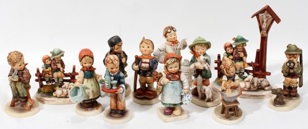 HUMMEL BISQUE FIGURES, TWELVE, H 5" - 8 1/2": HUMMEL BISQUE FIGURES, TWELVE, H 5" - 8 1/2":All with Goebel bee mark, titles include: "Waiter", "Little Pharmacist", "Chimney Sweep", "Little Hiker", "Doll Bath", "Good Hunting", "Shepherd's Boy", "E