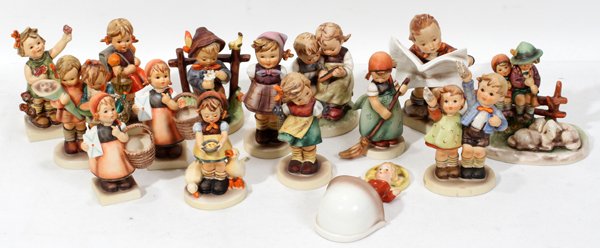 HUMMEL BISQUE FIGURES, FIFTEEN, H 4 1/2"-5 3/4": HUMMEL BISQUE FIGURES, FIFTEEN, H 4 1/2" - 5 3/4":Including 1 with full bee mark (chip to tip of hair), 1 Holy Water font with full bee mark, 1 stylized bee, 1 "Which Hand?" with three line mark and a