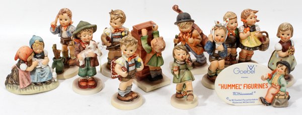 HUMMEL BISQUE FIGURES, TWELVE, H 3 3/4"-5 1/2": HUMMEL BISQUE FIGURES, TWELVE, H 3 3/4" - 5 1/2":All with Goebel bee mark, titles include: "A Gay Adventure", "Little Cellist", "Boy with Toothache", "For Mother", as well as 1 bank, 1store display an