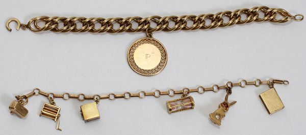 10KT & 12 KT YELLOW GOLD CHARM BRACELETS, TWO,: 10KT & 12 KT YELLOW GOLD CHARM BRACELETS, TWO, L 7"-7 1/2":One 12 kt. yellow gold charm bracelet, L 7 1/2", and another 10 kt. yellow gold charm bracelet, L. 7".