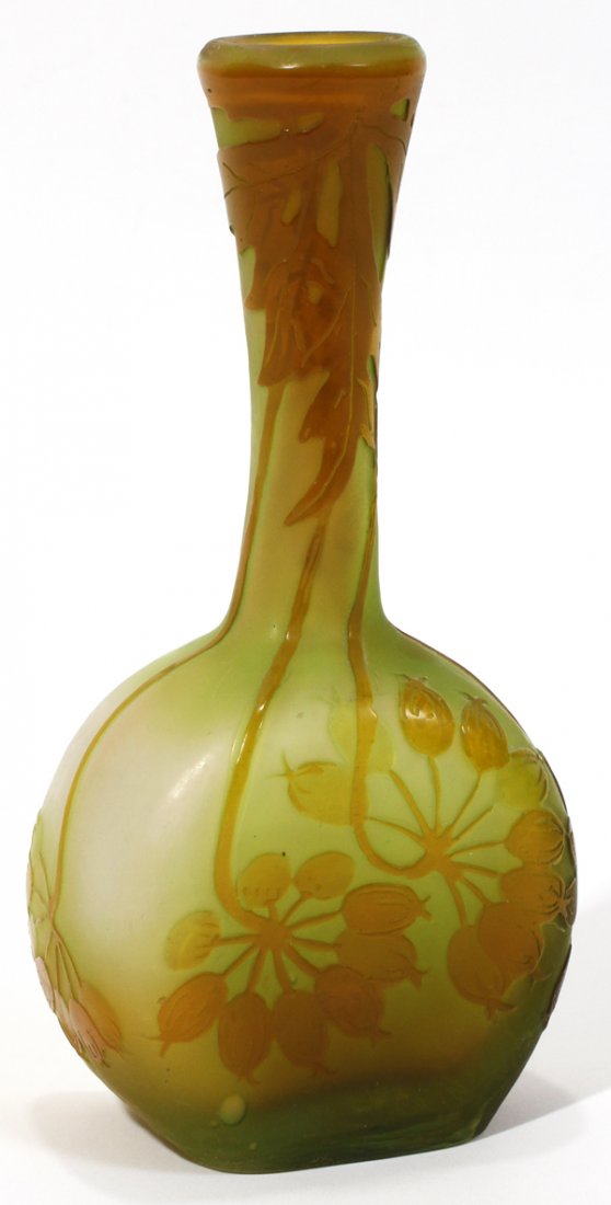 GALLE CAMEO GLASS BUD VASE, C. 1925: GALLE CAMEO GLASS BUD VASE, C. 1925, H 5 1/2":A banjo-form vase with acid-cut floral motif overlaid in amber, on a shaded green to white ground, light pink at the back of the neck, signed "Galle" in c
